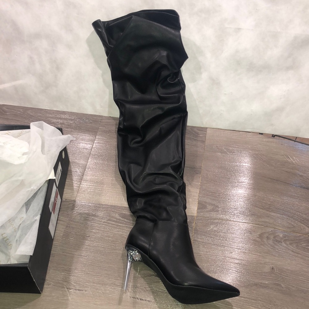 Liliana Black Over the Knee Thigh with Clear Stiletto Heel Slouch Boots New